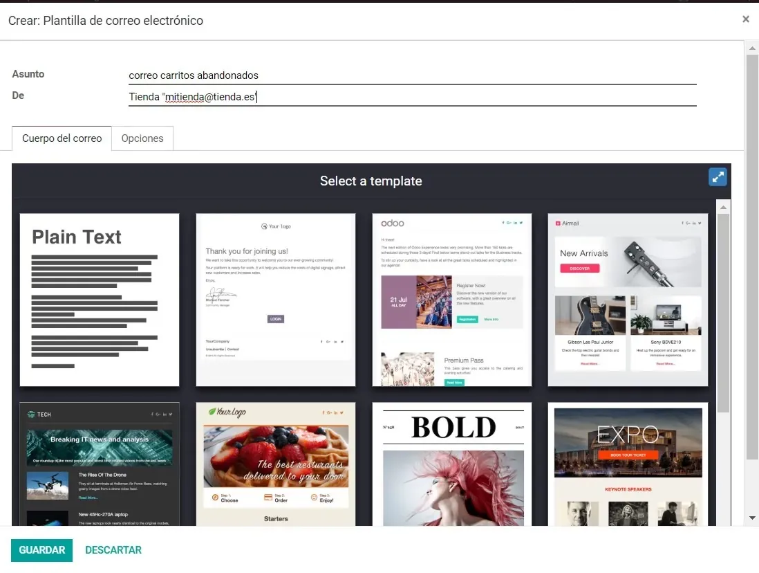 Captura de pantalla del módulo de Automatización de Marketing sobre las plantillas de correo