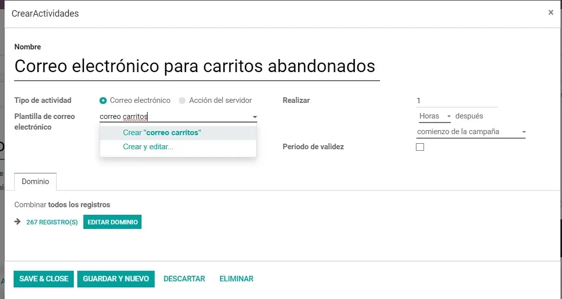 Captura del módulo de Marketing sobre cómo crear una actividad