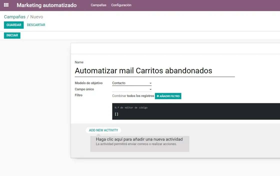 Captura de pantalla del módulo de Automatización de Marketing sobre cómo crear una campaña