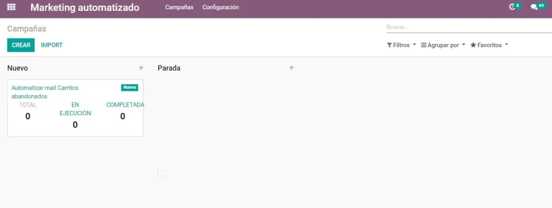 Captura de pantalla del módulo de Automatización de Marketing