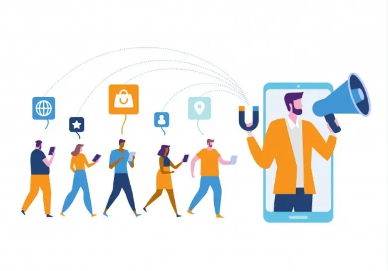 Ilustración de personas andando usando aplicaciones atraidas por una persona más grande que se encuentra en el teléfono móvil con un imán y un altavoz