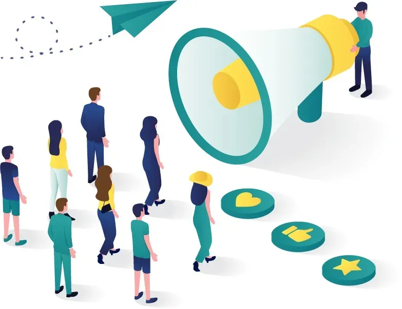 Ilustración de un hombre sosteniendo un megáfono gigante dirigiéndose a un grupo de personas