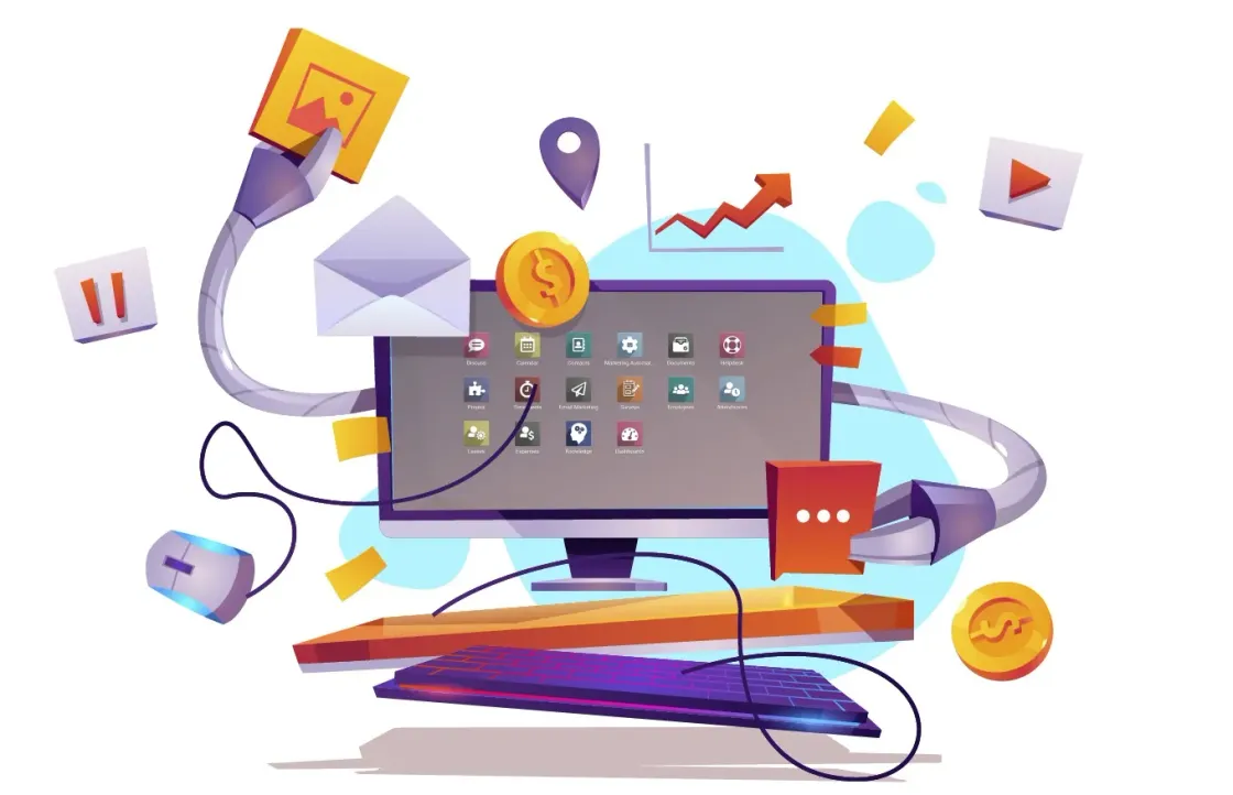 Ilustración de un monitor con brazos robóticos que atrapa aplicaciones en sus pinzas. En su pantalla muestra la interfaz de Odoo