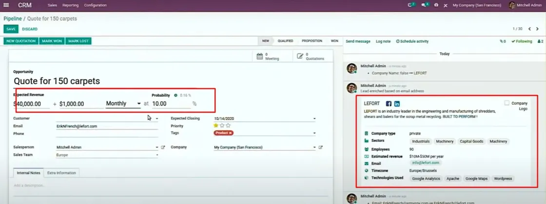 Captura de pantalla del módulo CRM