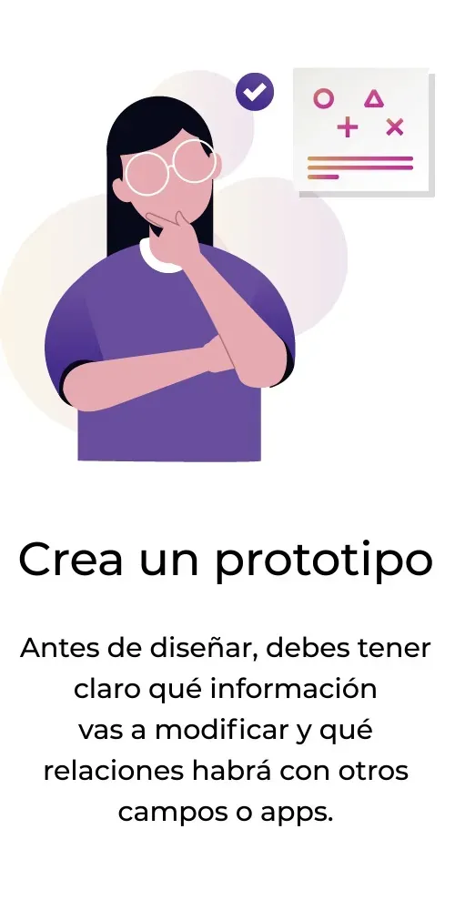 Ilustración de una mujer pensando con texto debajo que pone Crea un prototipo