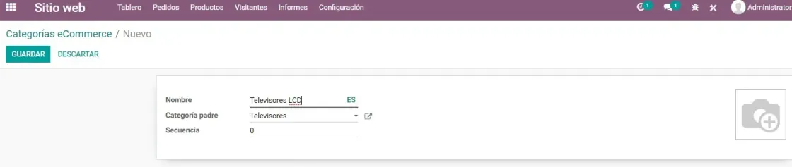 Captura de pantalla del módulo de Sitio Web, creando una categoría