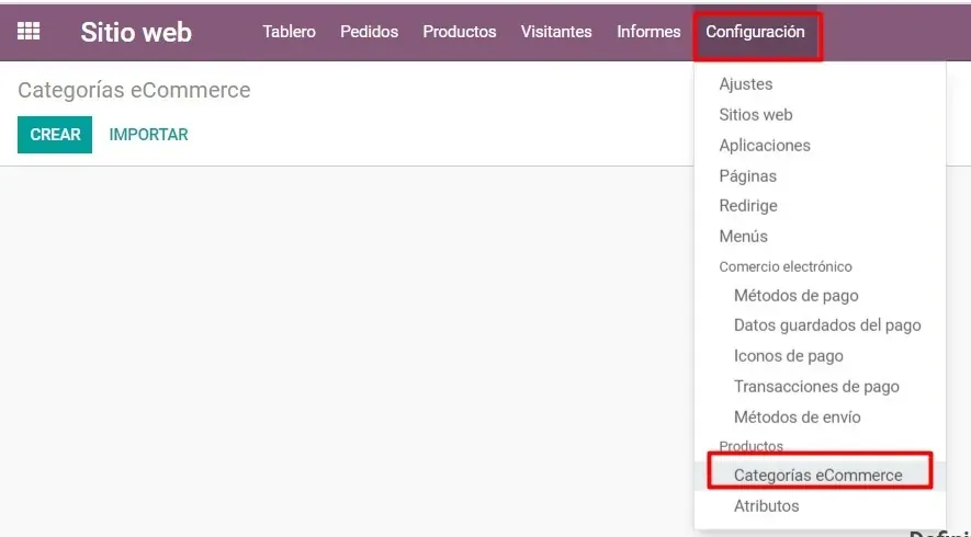 Captura de pantalla del módulo de Sitio Web --> Configuración --> Categorías eCommerce --> Crear