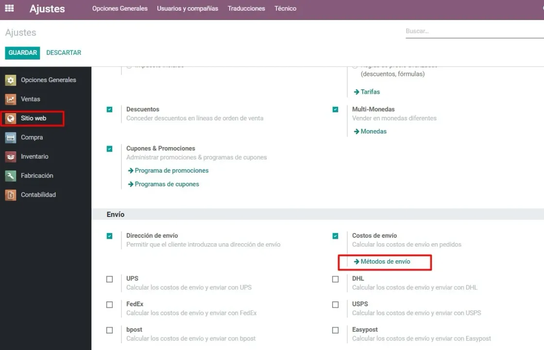Captura de pantalla de los ajustes de Sitio Web --> Envío --> Costos de envío --> Métodos de envío