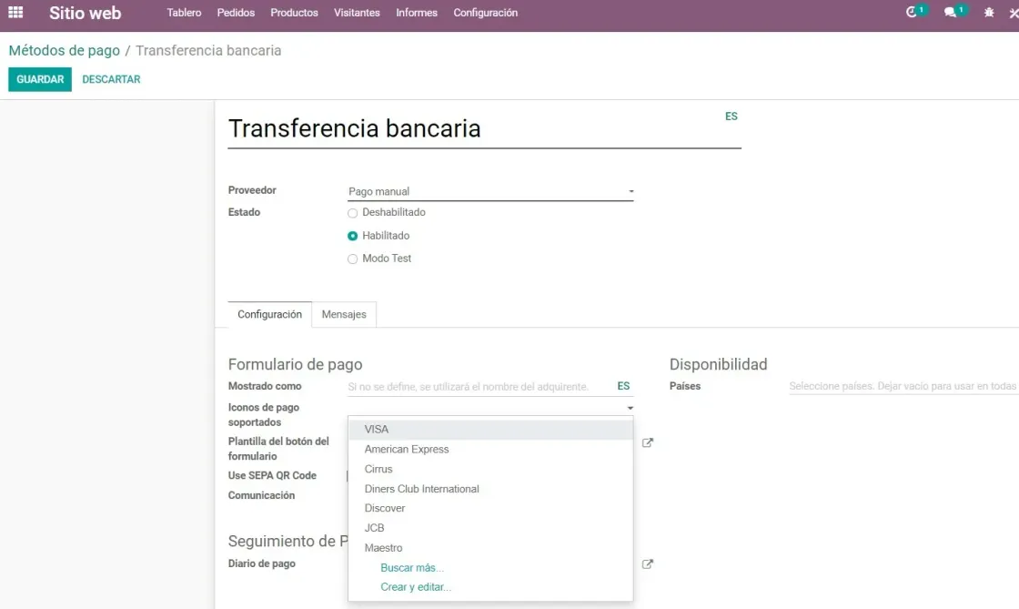 Captura de pantalla del módulo de Sitio Web, creando Método de Pago