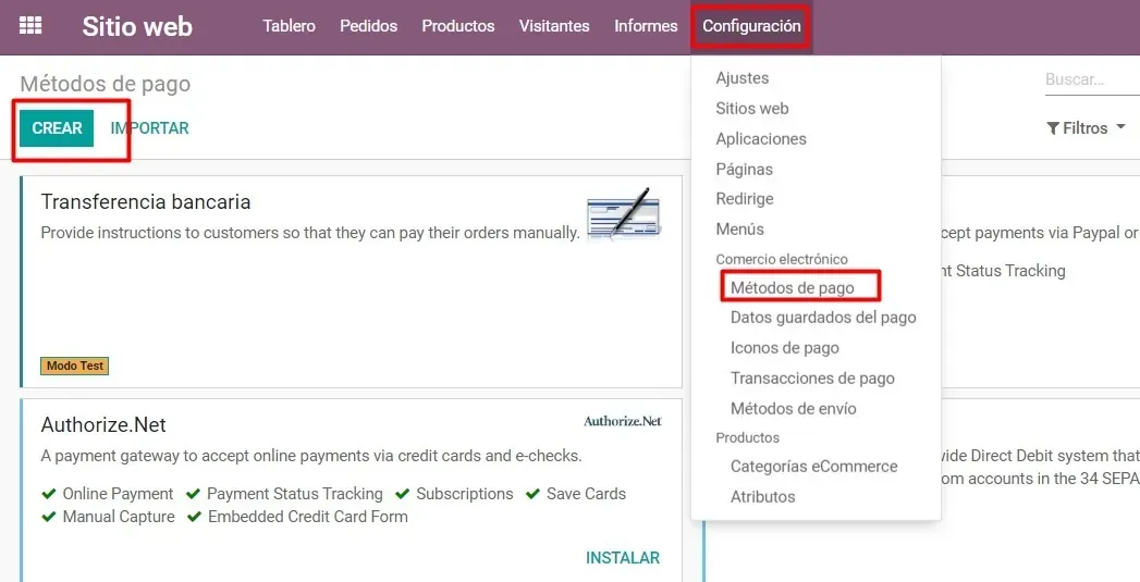 Captura de pantalla del módulo de Sitio Web --> Configuración --> Métodos de Pago --> Crear