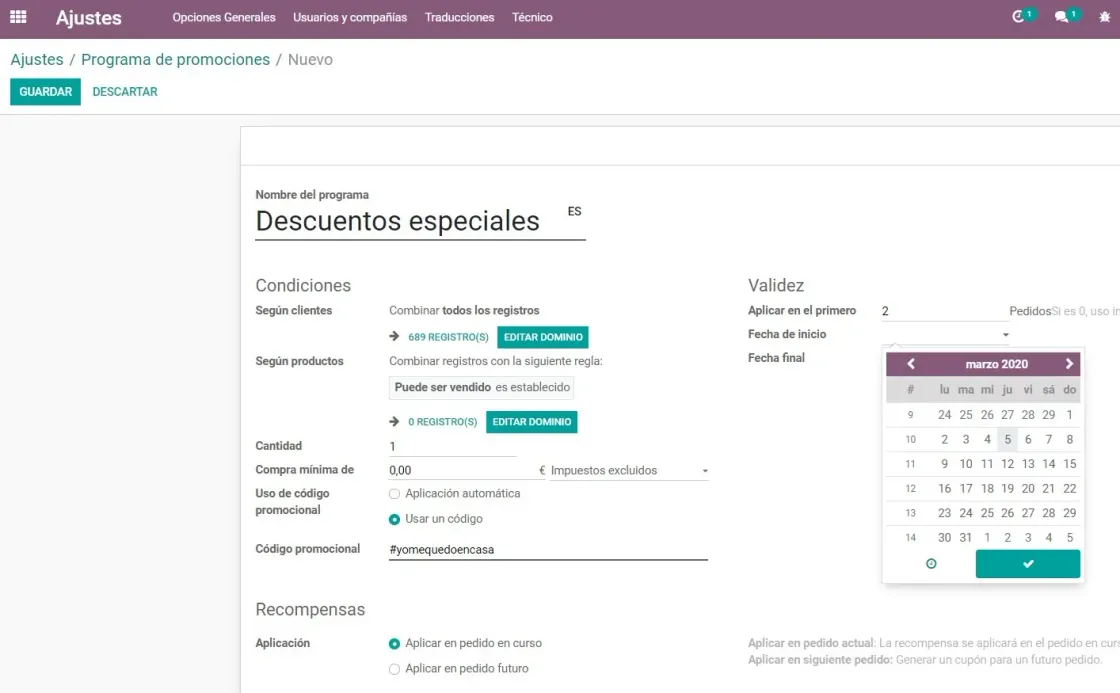 Captura de pantalla de los ajustes de Sitio Web para poner el precio --> Descuentos especiales