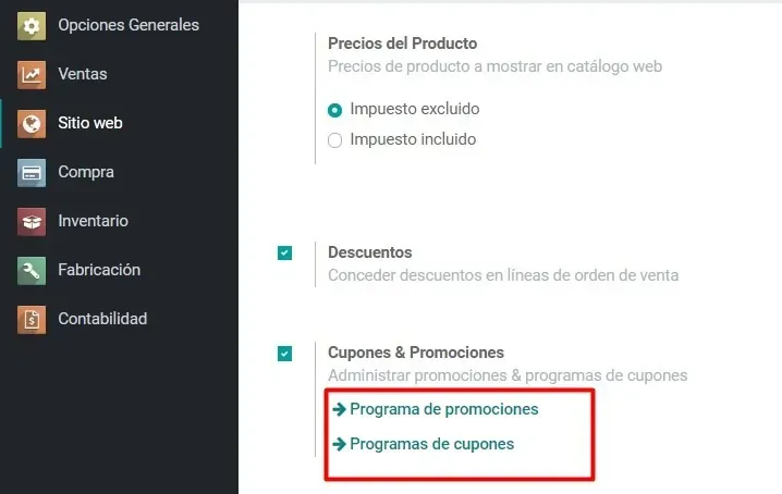 Captura de pantalla de los ajustes de Sitio Web para poner el precio --> Cupones y promociones --> Programa de promociones y Programa de cupones