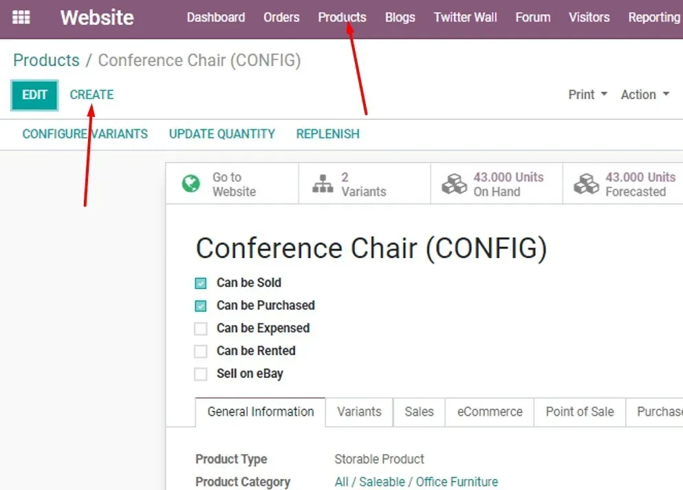 Captura de pantalla del módulo de Sitio Web, la pestaña de Productos --> Crear