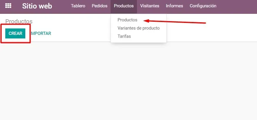 Captura de pantalla del módulo de Sitio Web, la pestaña de Productos --> Crear