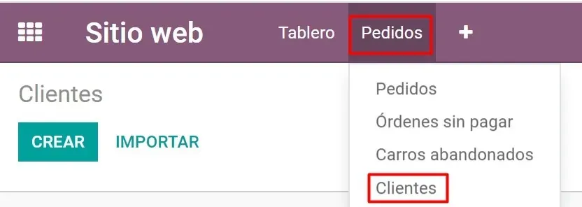 Captura de pantalla del módulo de Sitio Web, la pestaña de Pedidos --> Clientes