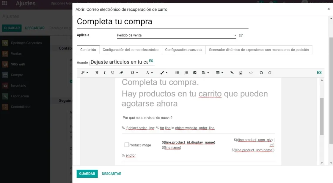 Captura de pantalla de los ajustes de Sitio Web para la programación de un mail de Completa tu compra