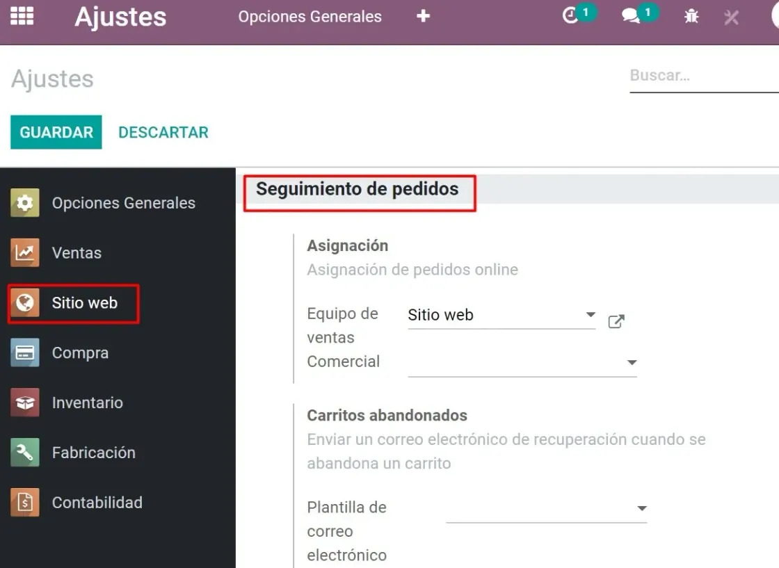 Captura de pantalla de los ajustes de Sitio Web para el Seguimiento de los pedidos
