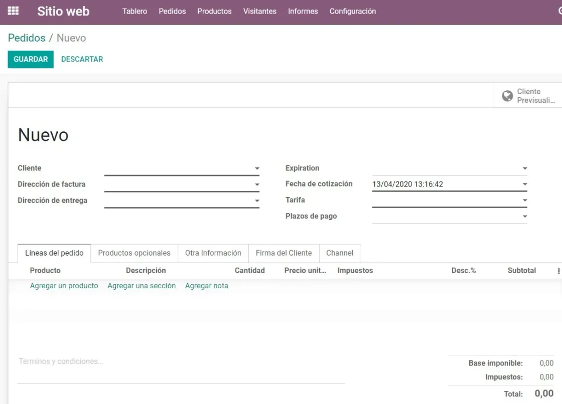 Captura de pantalla del módulo de Sitio Web crear pedidos