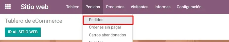 Captura de pantalla del módulo de Sitio Web, la pestaña de Pedidos