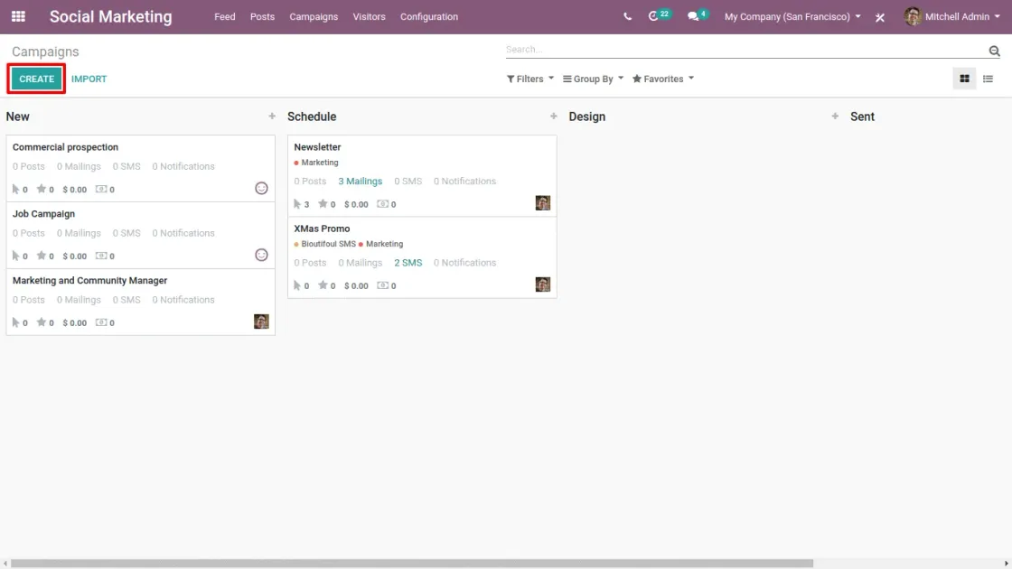 Captura de pantalla de Social Marketing de Odoo