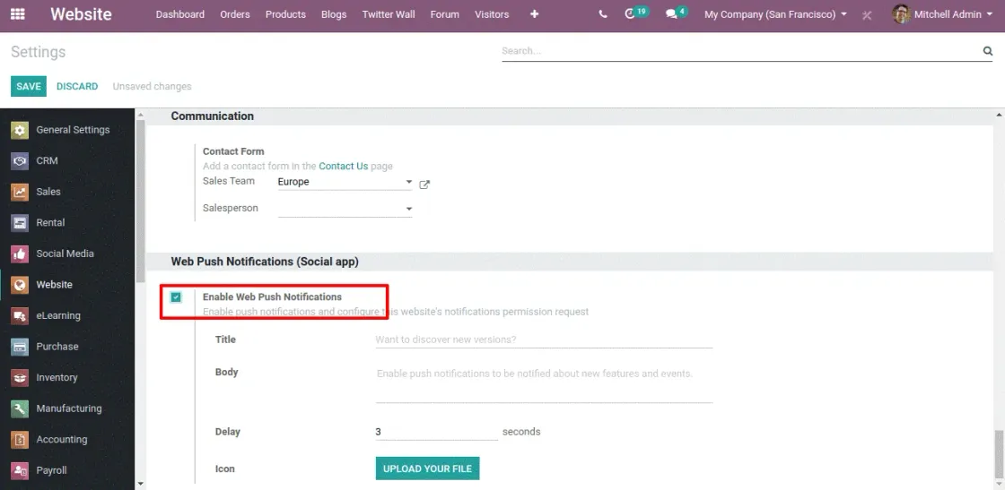 Captura de pantalla de Ajustes de Odoo