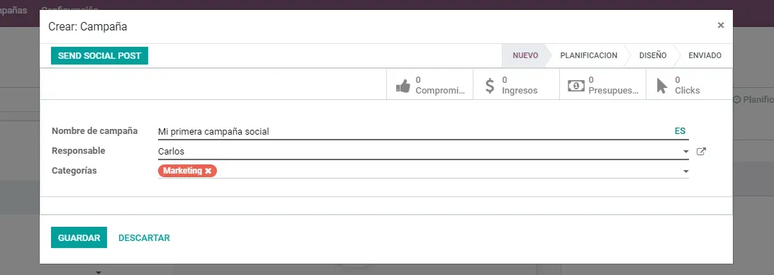 Captura de pantalla del módulo se Social Marketing, mostrando cómo generar una campaña