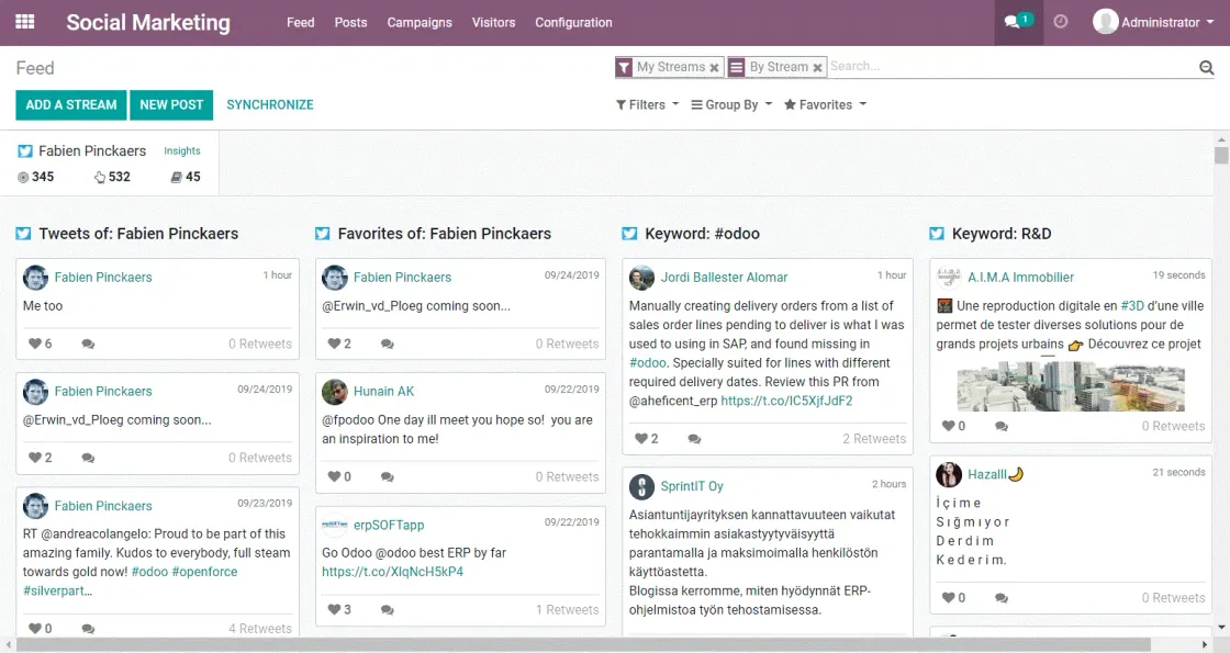 Captura de pantalla de Social Marketing de Odoo