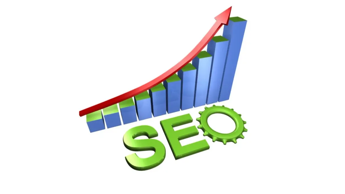 Objeto gráfico que muestra un gráfico de barras ascendente con una flecha roja y la palabra SEO en el suelo
