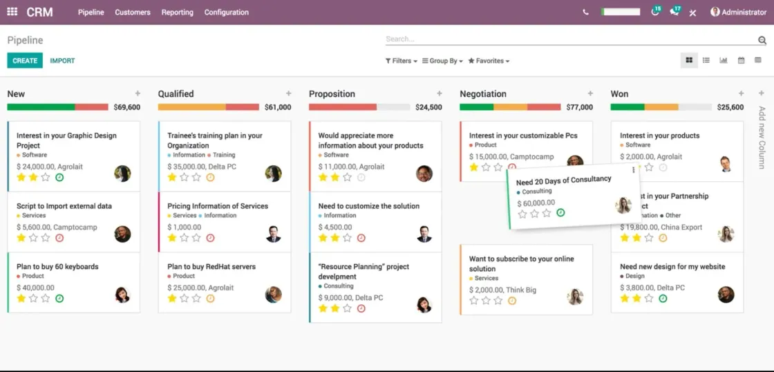 Captura de pantalla del módulo de CRM