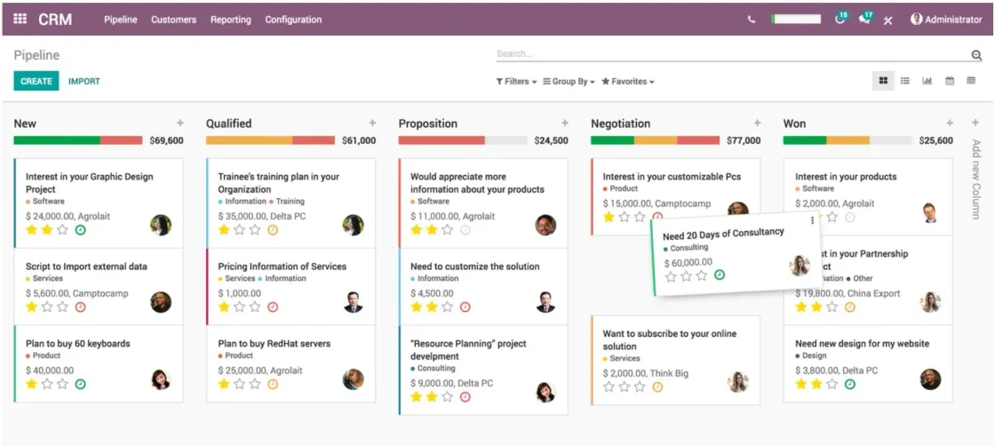 Captura de pantalla del módulo de CRM