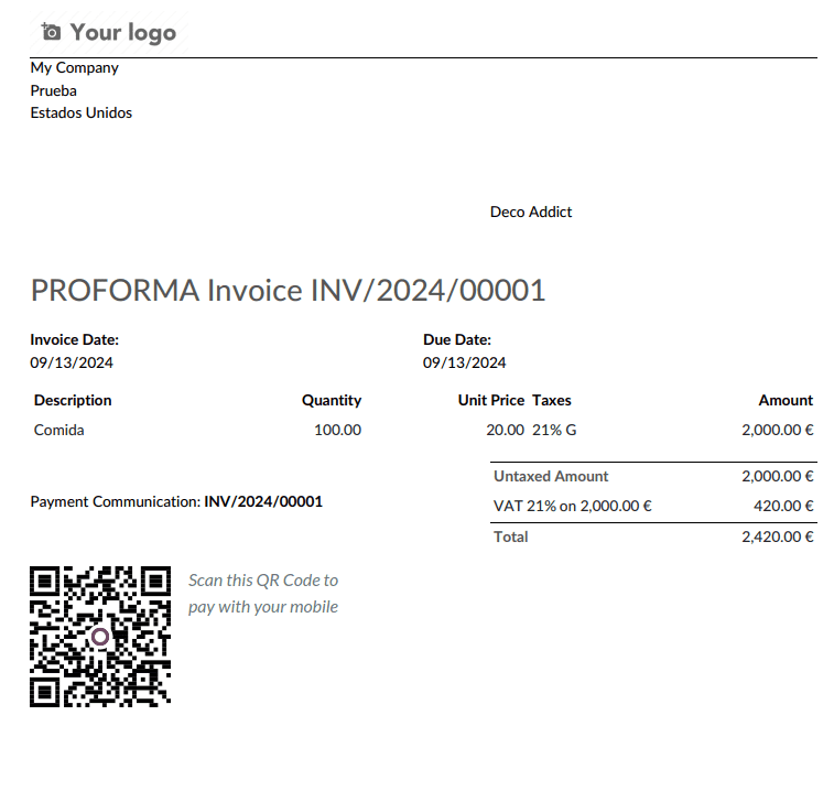 Ejemplo de una factura en Odoo con el código QR incorporado