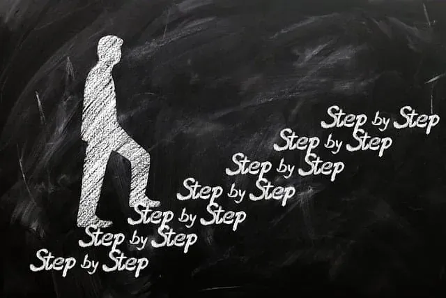 Pizarra que muestra a un hombre subiendo unas escaleras que se forman con la frase Step by Step