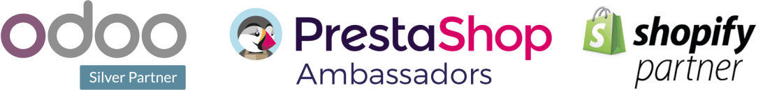Logotipos de Odoo Silver Partner, Shopify Partner y Prestashop Ambrassadors