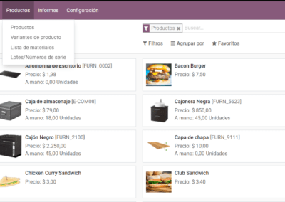 Captura de pantalla del módulo de Fabricación en la que se muestra la vista de productos