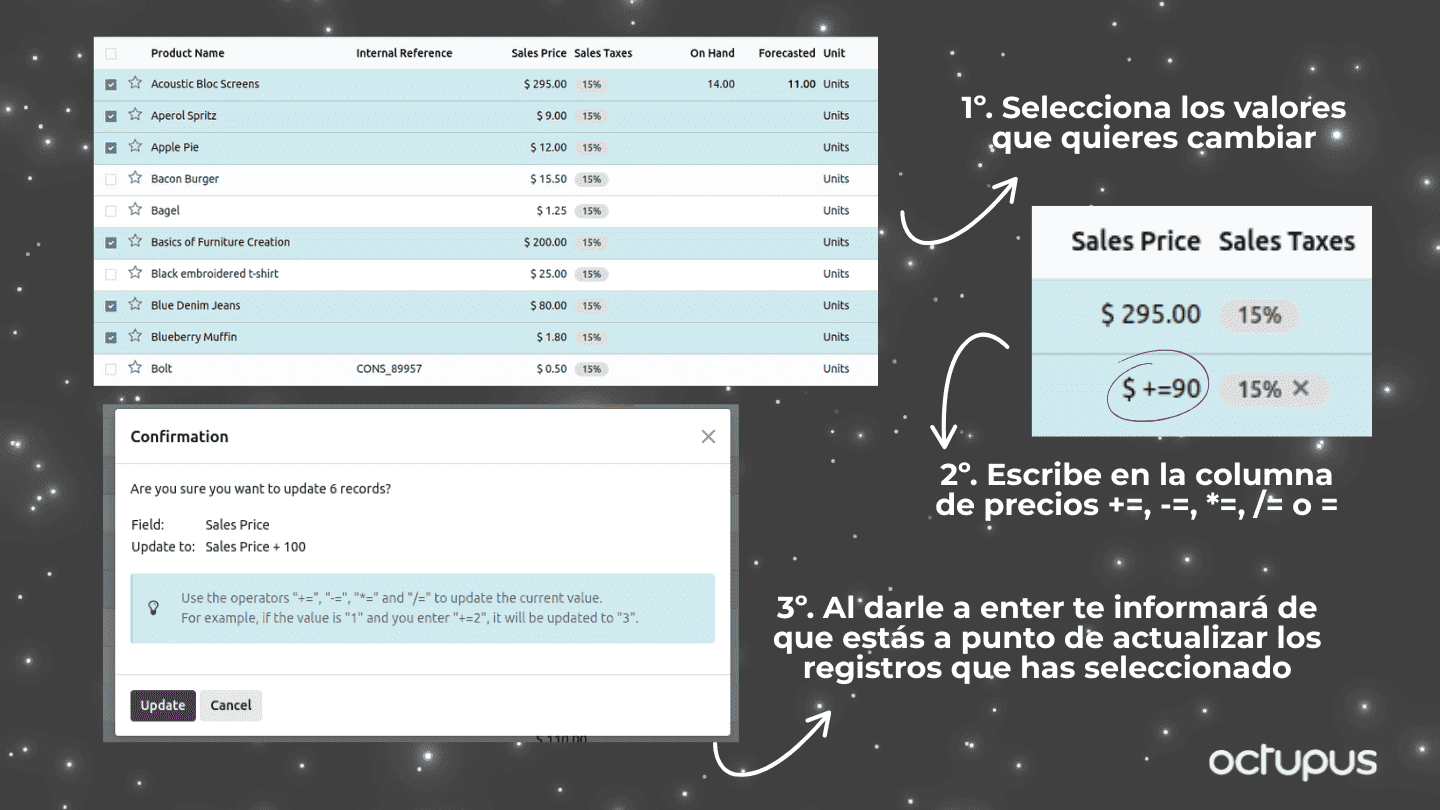 Desde Odoo 19, puedes seleccionar múltiples productos y actualizarles a todos a la vez el precio