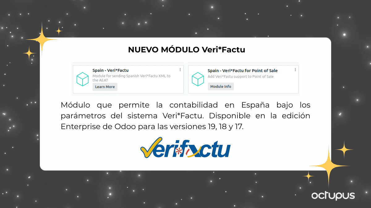 Verifactu estara disponible en la edición Enterprise de Odoo 19, 18 y 17