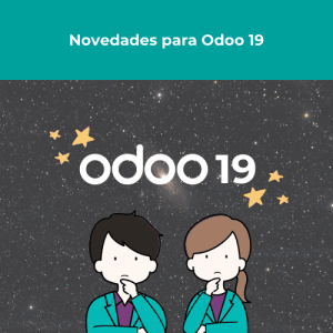 Imagen destacada del artículo de Novedades para Odoo 19. En ella se muestra el título, a dos personas pensando y un fondo de galaxia sobre el que hay dibujadas seis estrellas y el nombre de Odoo 19