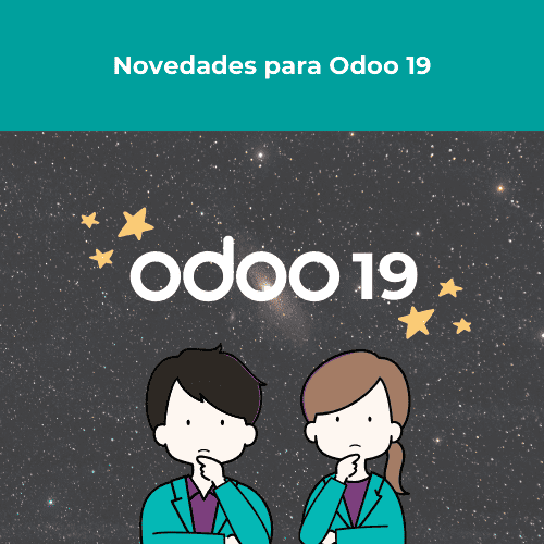 Imagen destacada del artículo de Novedades para Odoo 19. En ella se muestra el título, a dos personas pensando y un fondo de galaxia sobre el que hay dibujadas seis estrellas y el nombre de Odoo 19