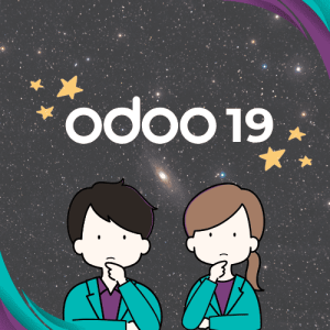 Imagen destacada del artículo de Novedades para Odoo 19. En ella se muestra el título, a dos personas pensando y un fondo de galaxia sobre el que hay dibujadas seis estrellas y el nombre de Odoo 19