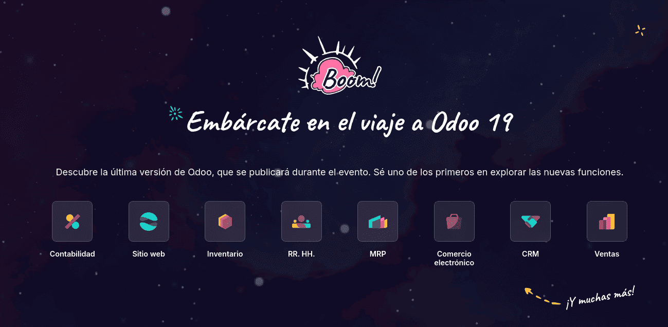 Captura de pantalla de Odoo 19 y su anuncio para la Odoo Experience 2025