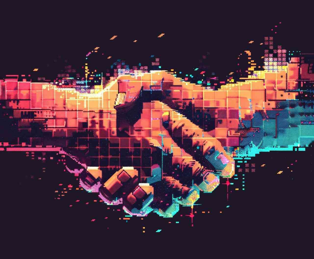 Apretón de manos digital, en el que las manos son polígolanes y multicolores