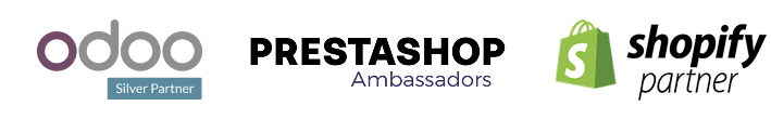 OdooPrestashopShopify Logo de Odoo Silver Partner, Shopify Partner y Prestashop Ambrassadors de los que Octupus es partner