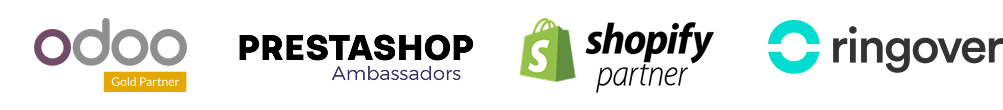 Logos de Odoo, Prestashop, Shopify y Ringover de los que Octupus es partner